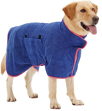HezzLuv Super Absorbent Dog Bathrobe, Microfiber Dog Drying Coat, Pet Towel Robe for Small Medium & Large Dogs, Quick Dry Bath Towel, All-Season Dressing Gown (Blue M)