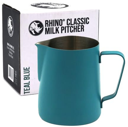 Rhino Classic Milk Pitcher 450ml/15oz (Teal Blue) - Stainless Steel | Use with Your Coffee Machine or Frother for a Latte or Flat White