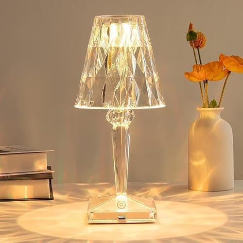 Generico Lampada a LED di cristallo,Lampada da tavolo di diamante di cristallo,Lampade LED a 3 colori che cambiano il controllo del tocco Lampada da letto USB ricaricabile (A)
