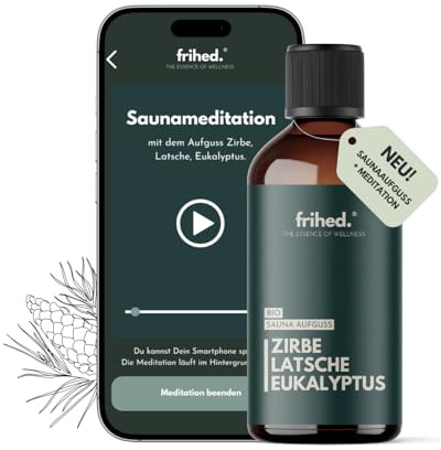 frihed.®, infusione per sauna biologica con App Meditation, infuso per tutti i tipi di sauna, profumo di lunga durata, olio di alta qualità, idea regalo (cembo, latsche ed eucalipto, 100 ml)