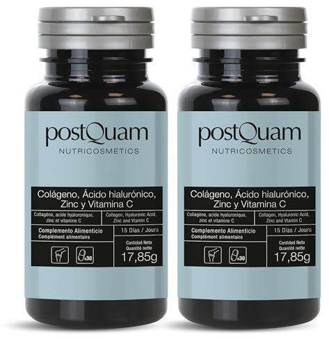 PostQuam - Colágeno y Ácido Hialurónico 60 Cápsulas - Cuidado de la Piel y Articulaciones - Antienvejecimiento e Hidratación - Con Vitamina C para Mejor Absorción