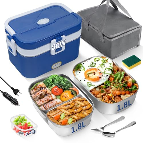 ihakkason Elektrisk Lunchlåda 80 W Rostfritt Stål med Avtagbar Dubbel Behållare för Bil/Lastbil/Kontor, 12 V/24 V/230 V Elektrisk Värmelåda (Blå och Vit)
