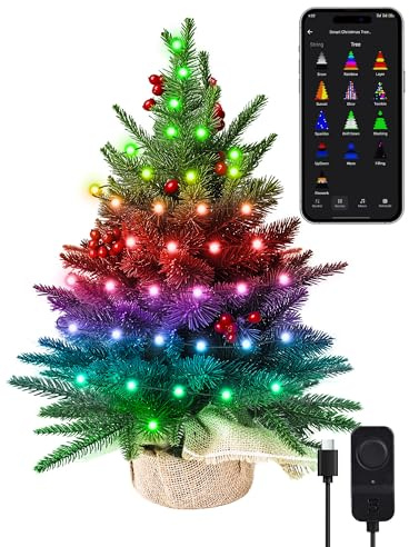 Brizled Smart Mini Christmas Tree, 22.8in DIY Smart-Lit Tabletop Tree with 75 LED RGB Lights, App/Voice Control 159+ Scenes Mini Xmas Tree USB C Music Small Tree Work with PD Power for Fireplace Desk