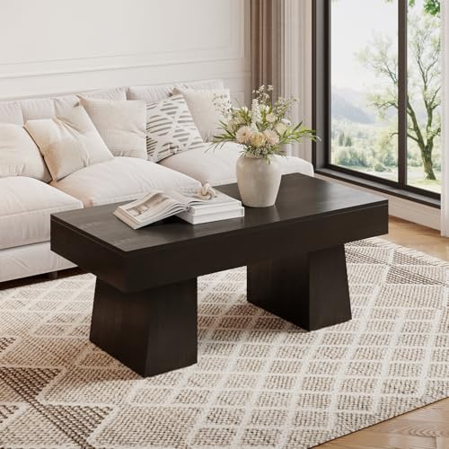 LITTLE TREE Farmhouse Coffee Table, 47 Inches Wooden Rectangular Accent Center Tables with Thick Base, Modern Low Cocktail Tea Furniture for Living Room (Black)