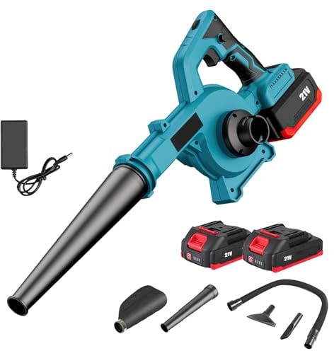 Soplador de hojas inalámbrico de 21 V, soplador de hojas de 550 W inalámbrico con batería y cargador, 3.3 m³/min, soplador de hojas portátil de 23000 RMP para soplar hojas/nieve/polvo (azul, 2