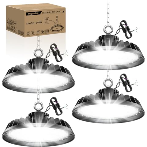 RUISUN 4 Pack UFO 240W LED High Bay Proyector Garage Light 40800LM Iluminación para taller 6000K 120 °Iluminación IP65 lámpara industrial regulable 140W/190W/240W plantas de almacén de