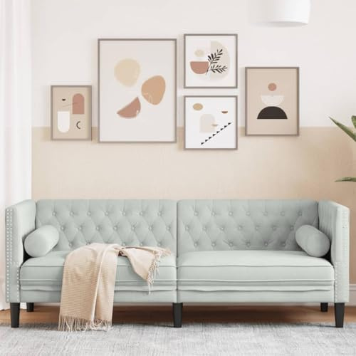 mtlskopl Sofá Chesterfield de 3 plazas, color gris claro, terciopelo, con reposacabezas de 194 cm de ancho, cómodo conjunto de tapicería, mueble moderno para salón, dormitorio, pasillo