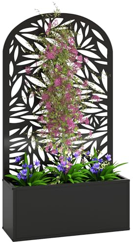 Outsunny Jardinière avec Treillis, bac à Fleurs en métal, lit surélevé avec Brise-Vue découpé en Feuilles, à Fixer au Mur ou au Sol, pour Plantes grimpantes, légumes, Fleurs, 61x23x113cm, Noir