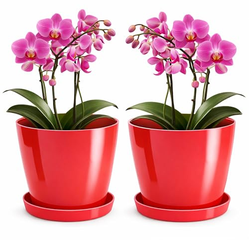 PECZEKO Blomkruka glänsande, planteringskruka av ytterkruka plast dekorativ kruka för, stora och små växter, set om 2 blomkrukor med underlägg, blomkruka örtkruka, röd, ø 20 cm