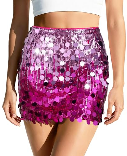 VONMELLI Gonna Paillettes da Donna Minigonna Sexy e Scintillante Gonna Donna Aderente Elasticizzata con Glitter per Una Serata Fuori o Una Festa Rosa Brillante/Rosso Rosa S