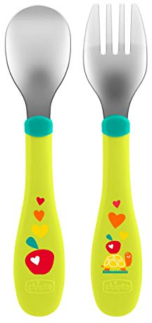 Chicco Posatine Inox 18M+, Posate Bambini, Set Pappa, Forchetta e Cucchiaio per Bambini, in Acciaio Inossidabile, Facili da Impugnare, con Decorazioni Fantasiose, Set Svezzamento Prima Pappa, 2 Pezzi