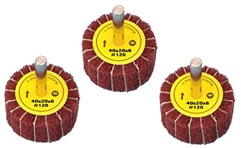 3 Stück Fächerschleifer mit Vlies-Gewebekombination 40mmx20mm, 6mm Einspannschaft, Körnung: 120 - Schleifmopstift, Lamellenschleifer, Schleifmop Schleifvlies, Lamellenrad mit Schaft.