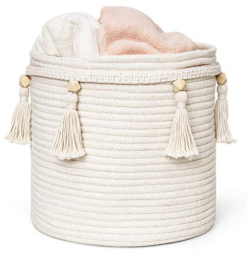 Mkono Makramee Dekorativer Baumwollseilkorb Boho Woven Quaste Schrank Aufbewahrungsbehälter Organizer für Kinderzimmer, Spielzeug, Wohnzimmer, Schlafzimmer