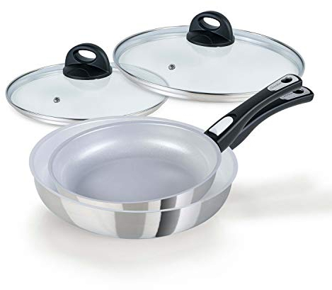 Genius Cerafit Steel Bratpfannen-Set 4-tlg - Keramikpfannen 24 28 cm mit kratzfester Antihaft-Beschichtung + Glasdeckel - Induktionspfannen mit abnehmbarem Griff alle Herdarten