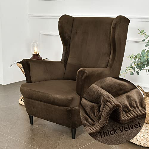 Highdi 2-Teilig Ohrensessel Überzug, Sessel-Überwürfe Ohrensessel Mode Einfarbig Samt Schonbezüge Bezug Sesselhusse Strandmon Tiger Stuhlbezug mit Armlehne Hohe Rückenlehne (Dunkelbraun)