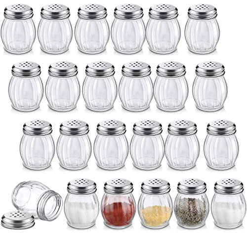Hotop 24 Pcs Cheese Parmesan Shaker with Perforated Top, 6 Ounce Glass Spices Shaker with Slotted Stainless Steel Top Retro Swirl Style Jar Dispensers for Pepper Sugar Spice Home Kitchen(Simple Style)