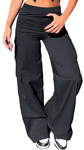 Nuofengkudu Femme Stretch Pantalon Patte D'elephant Large Bootcut Cargo Multi Poches Elastique Taille Haute Flare Pantalons Travail Palazzo Ado Y2K Casual Classique Punk Streetwear Noir M