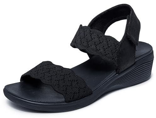 Skechers Women's ARYA - ON THE RISE medium wedge sandal, Black/Black 7 M