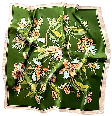 prinfantasy Schal Damen Grün Seidenschal Damen Quadratischer Schal Retro Künstlerisch Gedruckte Weich Leicht Seidentuch Vierecktuch Bandana Kopfschmuck Halstuch, 070257