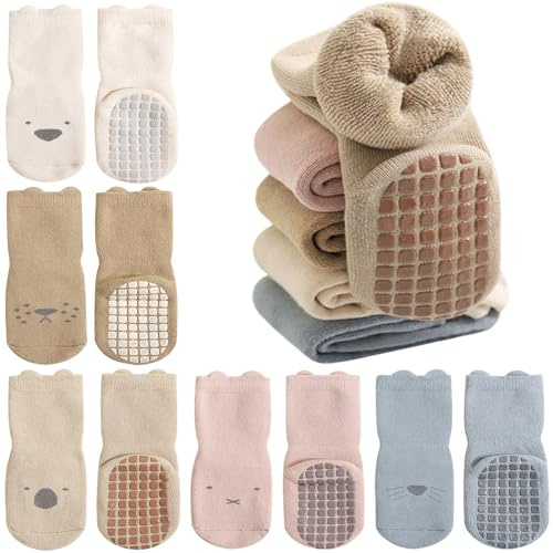 Domee Calcetines Invierno Antideslizantes Rizo Algodón Térmicos Bebé 5 Pares Animales Bonitos 3-12 Meses (Fabricante Talla S)