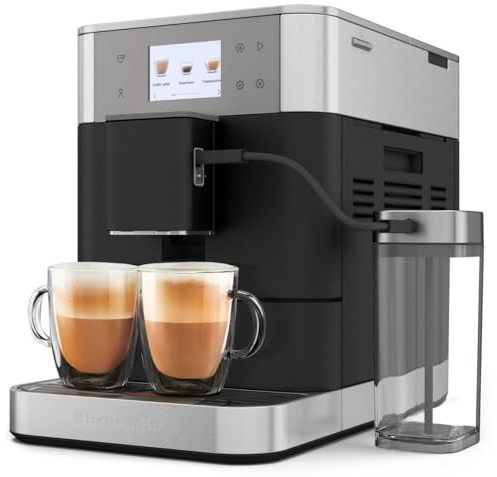 KitchenAid Kaffeevollautomat Maschine I KF7 I Heißgetränke von Espresso bis Cappuccino I 20 voreingestellten Getränken, automatischem Aufschäumen und Erwärmen von Milch I mit Milchbehälter (Schwarz)