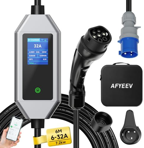AFYEEV Ladekabel Typ 2 CEE Stecker 7.2kW [1-phasig 6m, 6-32A], Typ 2 Ladekabel Schuko Einstellbarer Strom mit App-Steuerung, Elektroauto für Zuhause und Unterwegs