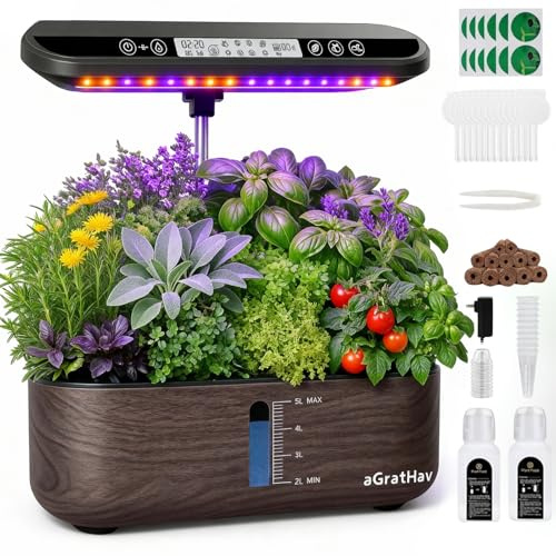 aGratHav Kit sistema di coltivazione idroponica, giardino di erbe aromatiche, 14 cialde display LCD aggiornato, LED coltiva luce silenziosa pompa dell'acqua intelligente timer automatico, fioriera