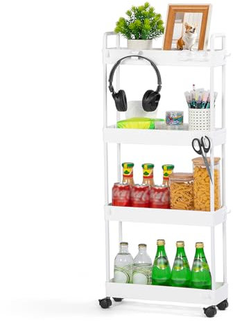 FoiiLiio Rollwagen Schmal,Küchenwagen mit 4 Ebenen,Nischenregal auf Rollen,Küchenregal,Nischenregal,Küchenwagen schmal,für kleine Räume,Küche,Bad,38.8 x 12.5 x 90.7 cm,Weiß