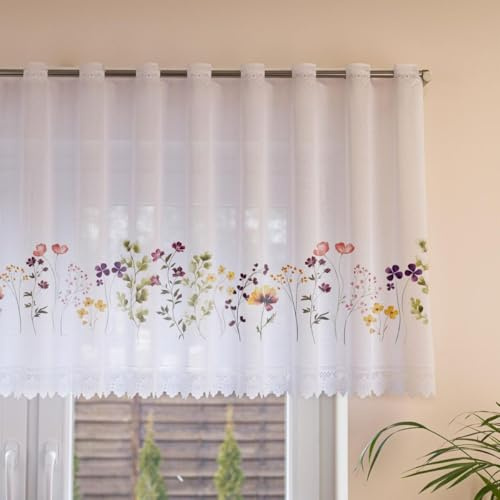 Gardinen Vorhangen Weiß Jacquard 300x70 cm (BxH) Primavera Scheibengardine Bemalt Für Küche Wohnzimmer Fertiggardine Kurzgardine Sofort Aufhängbar Transparent Blumen