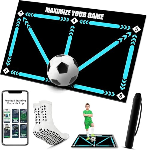 Football Training Mat with App - Soccer Mastery Skills XL Mat 90 x 60cm- Dribble, Ball Control & Stress Relief Footstep, Birthday Gift for Boys, Kids, (Black Mat + Socks + Bag) (Black Mat B)