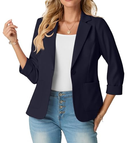 GRECERELLE Womens Blazer Suit Elegant 3/4 Sleeve Notch Lapels Collar Jackets Business Work Office Cardigans Jacket Suiting & Blazers with Pockets Button for Ladies