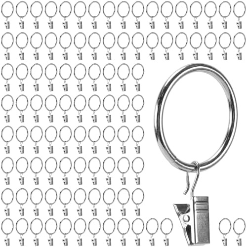 SYUTBOU 100 Stück Gardinenringe mit Clips, 35mm Silber Vorhangringe mit Klammern, Metall Vorhang Ringe für Vorhänge, Gardinen, Schlafzimmer