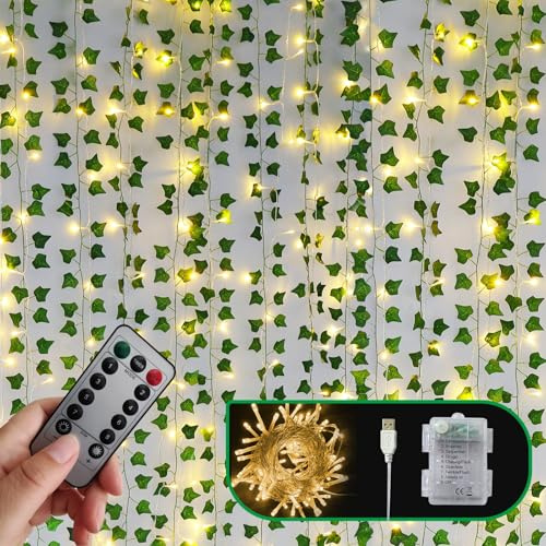 Freyalife Artificial Vines with LED Fairy Lights, 33ft Green Silk Ivy Garland, 8 Light Modes, Remote Control, Indoor Decor for Bedroom, Living Room, Wedding, Party