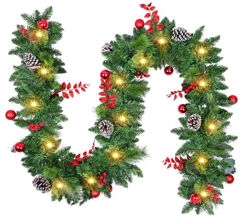 Ghirlanda Natalizia per Porta: 2,7M Ghirlanda Natale Decorazioni Artificiale con 30 LED, Scatola Batteria con Timer Impermeabile, Decorazione Natalizia per Balcone, Casa, Scale, Camino