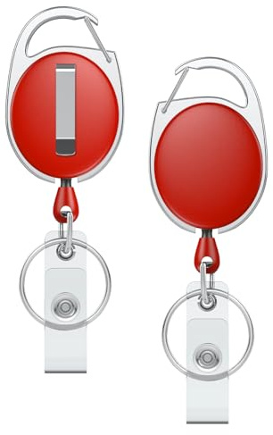 Uniclife 2-pack infällbar nyckelring, infällbar bricka rulle, slitstark bricka hållare klämma för nycklar och ID-kort, nyckelkedja förlängare med karbinhake bältesklämma och nyckelring, röd