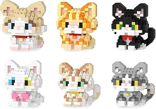 Chat Blocs de Construction, 6PCS Chat Jeux de Construction Mini Figurine en Briques 3D Mini Blocs de Puzzle Micro Bloc de Constructions Figurines Modèle Building Block Set pour Cadeaux d'Anniversaire