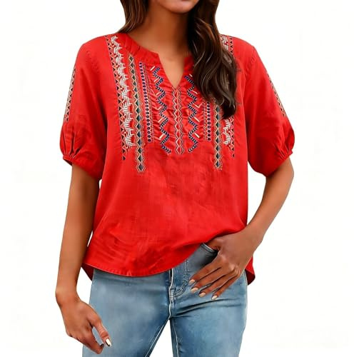Top de manga larga con cuello en V, blusa para mujer, elegante y elegante, camisa de algodón y lino, camisa bordada, blusa de fantasía, blusas sueltas altas mediados de temporada, camiseta de gran