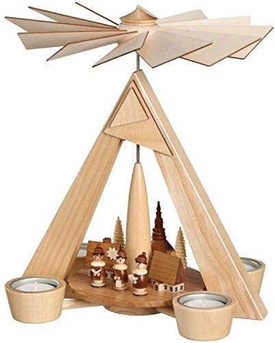Rudolphs - Pirámide de velas de té con pueblo (24,5 x 29 x 24,5 cm, pirámide de madera, semillas de madera de los Montes Metálicos del Ártico, juego de calor, luz de té, figura, madera, alas, velas)