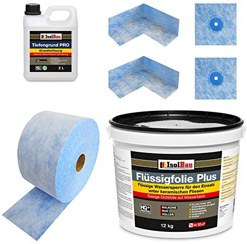 Isolbau Dichtset - Inkl. 1x Flüssigfolie PLUS (12 kg), 1x Tiefengrund PRO (2L), 1x Dichtband (10 m), 2x Innenecken & 2x Manschetten