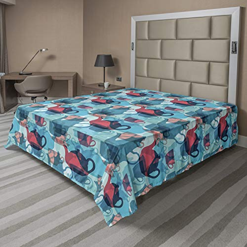 Ambesonne Tea Party Flat Sheet, Crockery Composition Abstract Overlapping Silhouettes Teapot and Cups, Soft Comfortable Top Sheet Decorative Bedding 1 Piece, Queen Size, Dark Coral Pale Blue