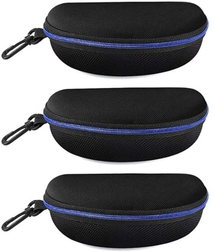 Alladaga Lot de 3 étuis rigides à fermeture éclair pour lunettes et lunettes de soleil avec crochet à mousqueton en plastique, bleu, taille unique