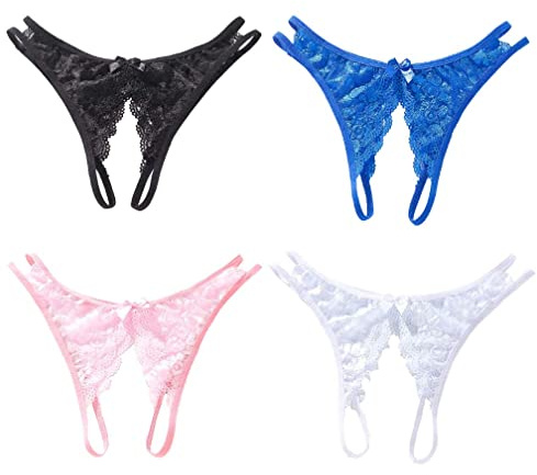 KHUFUZI Women Sexy Underwear Lace Thong Panties Cute G-Strings Short Gift for Girlfriend, Pack of 4 colours, Large, 10-14