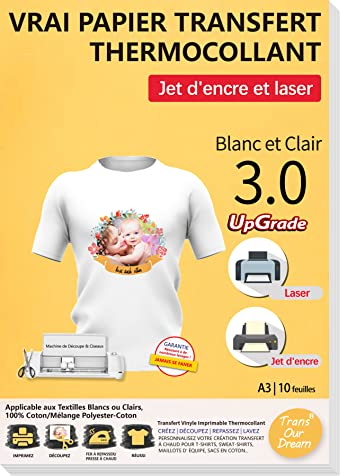 TransOurDream Transferpapier für Textilien 3.0 – Tasche 10 Blatt x A3 Transferpapier für T-Shirts oder weiße und helle Textilien, Tintenstrahldrucker & Laser, FR2A3-3.0-10