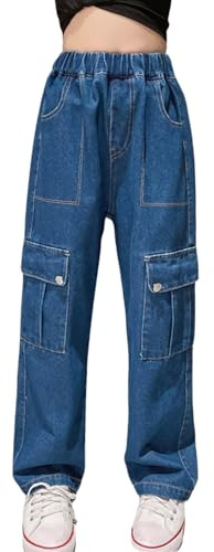 Rolanko Ragazze Baggy Cargo Jeans, Elastico a Vita Alta Gamba Larga Vintage Bootcut Denim Pants per Bambini, Blu Scuro, Taglia: 160
