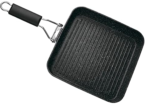 TIENDA EURASIA - Asador Grill Plegable, Sarten Induccion y Todo Tipo de Fuegos, Sarten Grill de 27 x 27 cm, Sarten con Superficie Piedra, Mango Nunca se Afloja