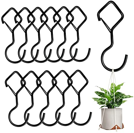 Ticway 12 PCS S Hooks for Hanging with Safety Buckle, Metal Heavy Duty Hooks for Hanging Plants, Clothes, Kitchen Utensil Pots Pans Bathroom Towels (Black)