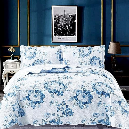 OZMIC Patchwork Quilt Bedspreads King Size Bedding - 3Piece Box Pattern Thick Cotton Filling Decorative Stitch Blanket Bed Throw With 2 Matching Pillow Cover Set - Vintage Floral Blue