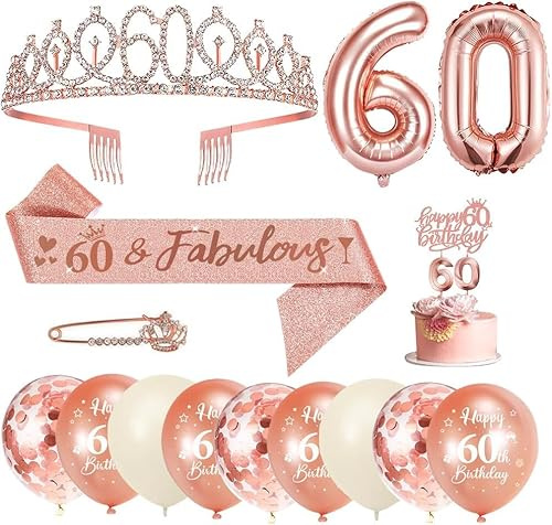 60 Anni Decorazioni Compleanno Donna, 60° Fusciacca e Diadema Oro Rosa Compleanno, Happy Birthday Cake Topper, Candele di Compleanno Numero e Palloncini, Regalo Donna 60 Anni