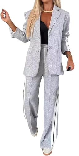 ThiCc - Completo da donna in 2 pezzi con blazer - Giacca oversize comoda a maniche lunghe con risvolto dentellato e tasche, pantaloni a gamba larga con righe laterali, dettagli sportivi, per lavoro e