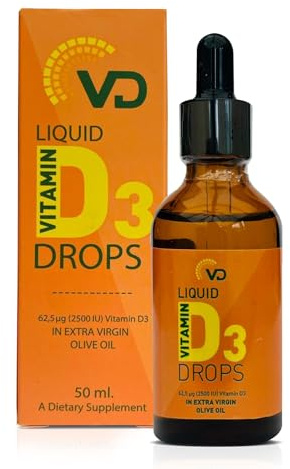 VD Liquid Vitamin D3 Drops 2500IU (50ml) -Gluten Free for High Strength, Supports Immune System, Bone, Teeth & Muscle Health, Extra Virgin Olive Oil, Enhanced Absorption, Unflavoured & Vegan-Friendly